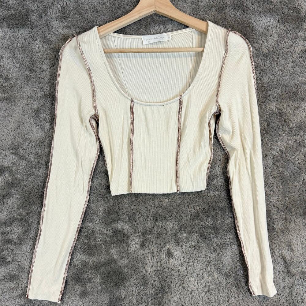 Beige Botany Crop Top Long Sleeve Contrast Stitch Ribbed Knit Shirt S Small